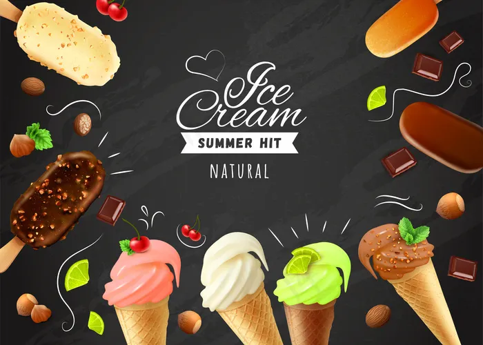 冰淇淋粉笔板，框架为爱斯基摩派，白-黑和米尔克巧克力釉面和华夫饼圆锥体