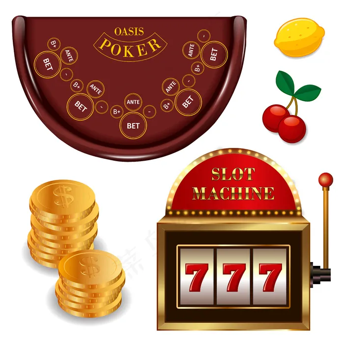 现实赌场在线游戏集与金币扑克桌老虎机樱桃柠檬隔离