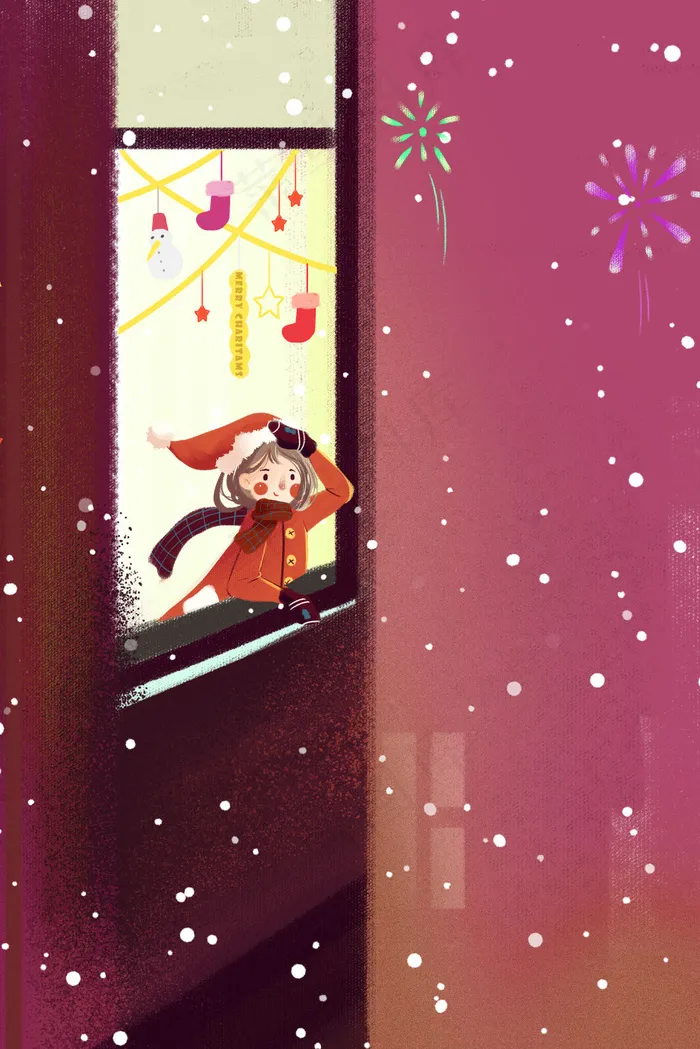 家中窗边看烟花的圣诞女孩