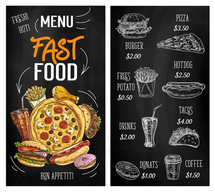快餐素描黑板菜单，汉堡，披萨