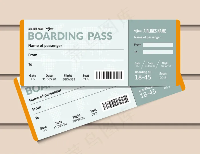 机票。航空公司登机牌模板。机场和飞机通行证文件。