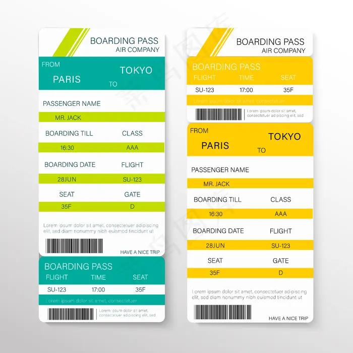 乘飞机旅行的航空公司登机牌票。插图。