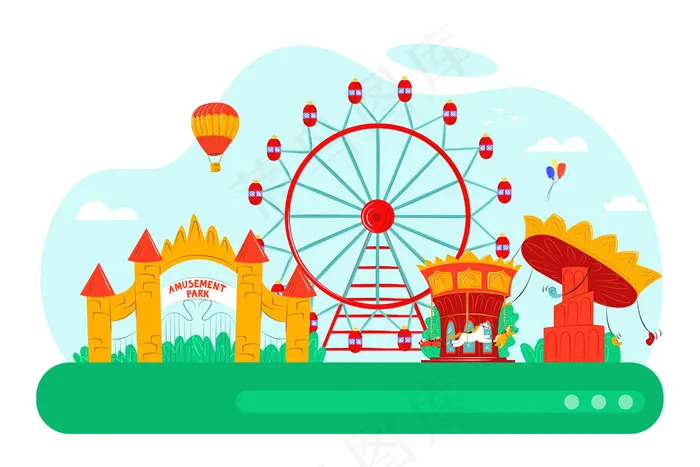 带娱乐转盘的游乐园，插图。卡通气球、游乐场和娱乐概念。节日城的狂欢城堡、游乐场景观。
