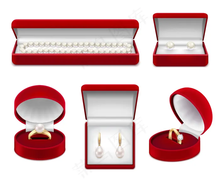 一套真人珠宝，由黄金与珍珠和宝石隔离在红色盒子里