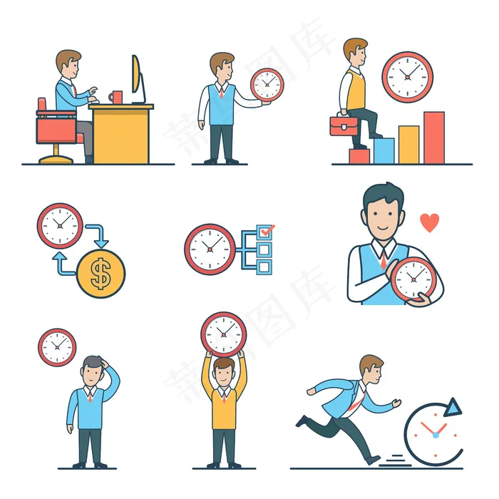 线性平面商务人员时间管理集。在工作场所工作，测量时间表，时间就是金钱，赶时间。