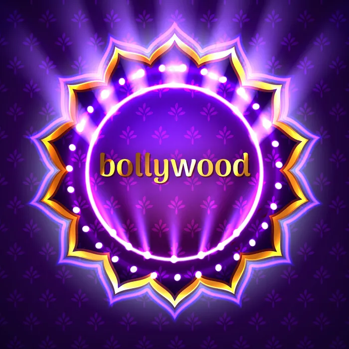 印度宝莱坞电影院标志板插图，霓虹灯照明横幅banner，紫罗兰花背景上有金色徽标