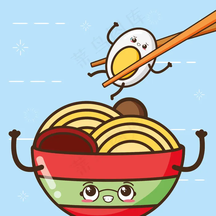 快乐卡瓦伊鸡蛋和意大利面条，食品设计，插图