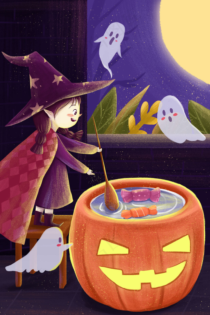 紫色万圣节制作糖果的小魔女 菜鸟图库