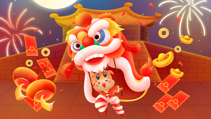 本素材作品名称为牛年新年牛牛舞狮子月光烟花城楼(2880*1620px 30