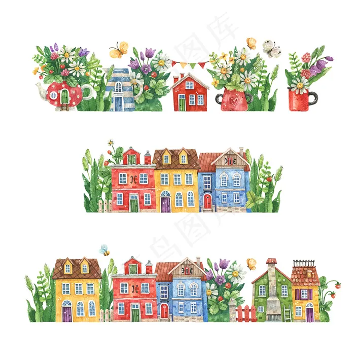 水彩手绘街道与乡村房屋，夏季花卉和草药孤立在白色背景。花街水彩插画