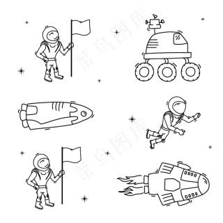 宇宙飞船,火箭,火星车的矢量插图集.涂鸦卡通矢量图标.