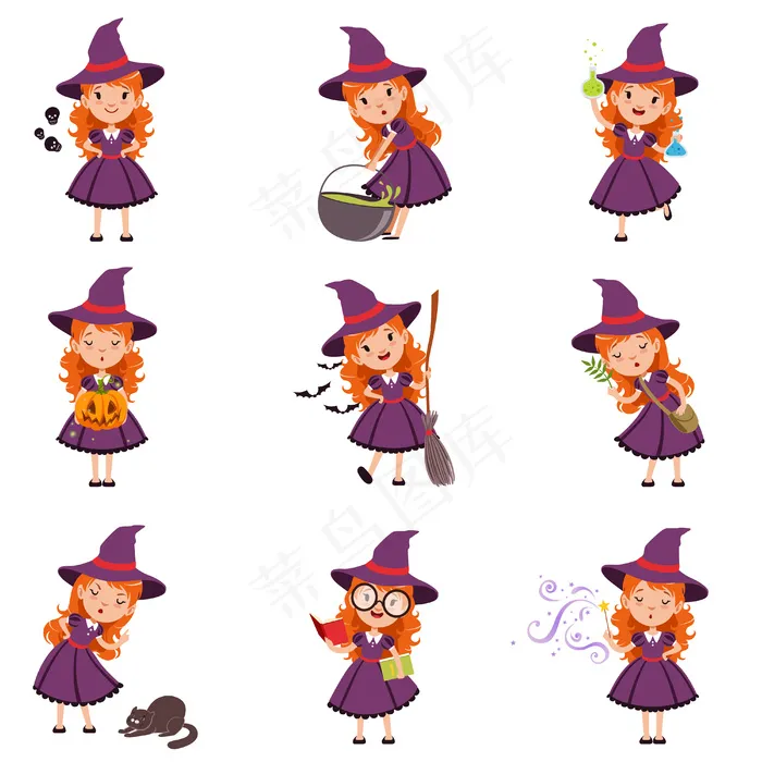 小女巫穿着紫色的衣服和帽子