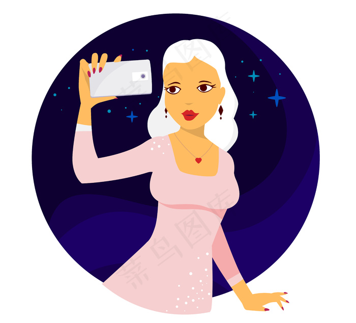 穿着粉红色裙子白发在深蓝色背景下拍摄自拍照片epsai矢量模版下载