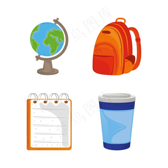 返回学校教育图标集全球地图背包记事本和咖啡杯插图