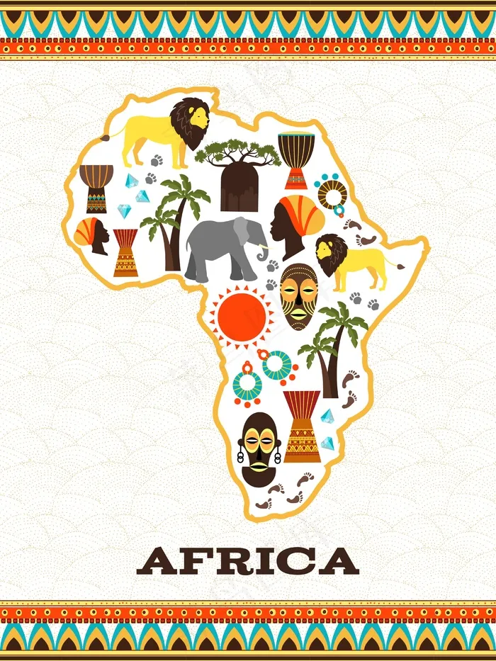 带有非洲图标的非洲地图。乡村与动物，德杰姆与民族民俗，钻石与旅游，
