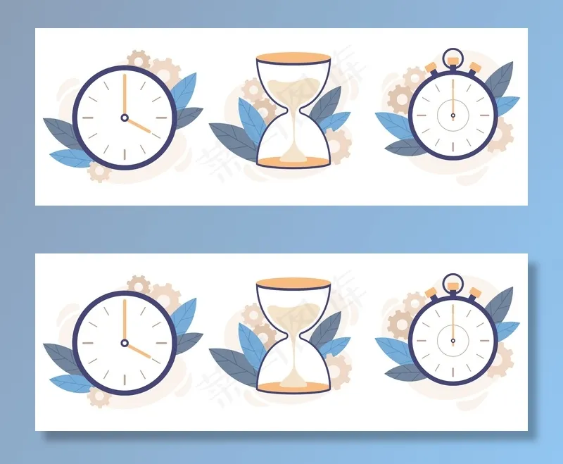 时钟、沙漏和秒表。模拟钟表，倒计时定时器和时间管理插图集