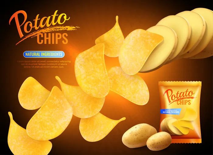 薯片广告的组成与现实形象的薯片天然土豆和包装拍摄