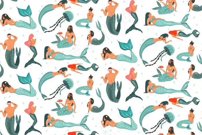 手绘抽象卡通夏季图形插图无缝模式集合与美女美人鱼水下游泳的女孩和男孩的白色背景