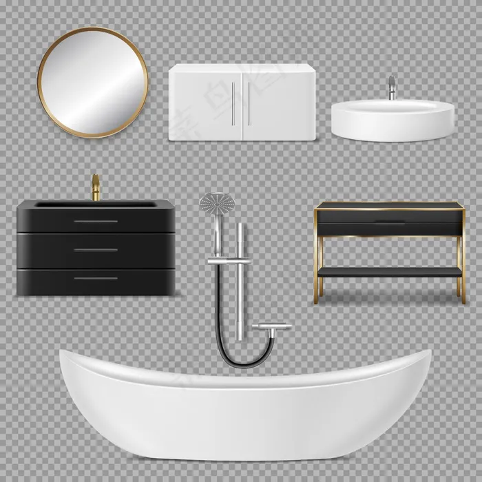 浴室的浴缸、淋浴、镜子和水槽图标
