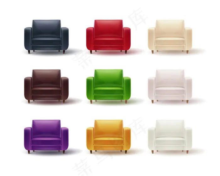 用于家庭或办公室内部的红色、棕色、白色、紫色、绿色、灰色、黄色扶手椅矢量集，隔离在白色背景上