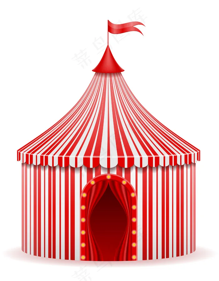 白色地板上有条纹的红色马戏团帐篷