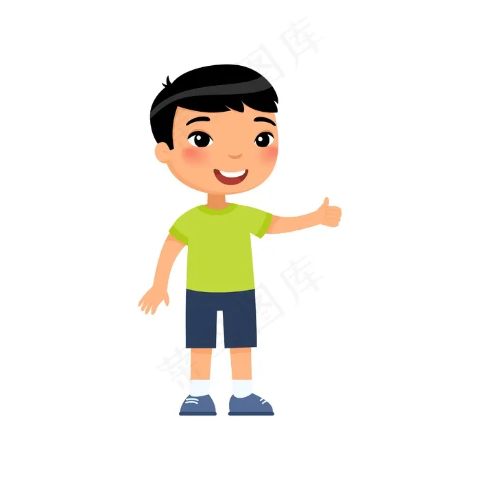亚洲小男孩竖起大拇指。快乐可爱的孩子。微笑的幼儿、未成年儿童卡通人物
