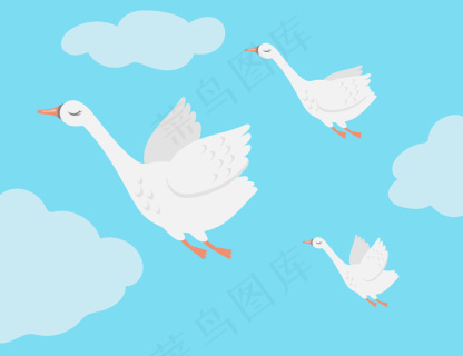 一群天鹅在天空飞翔的卡通插画.鹅一家一起迁徙到温暖的国家