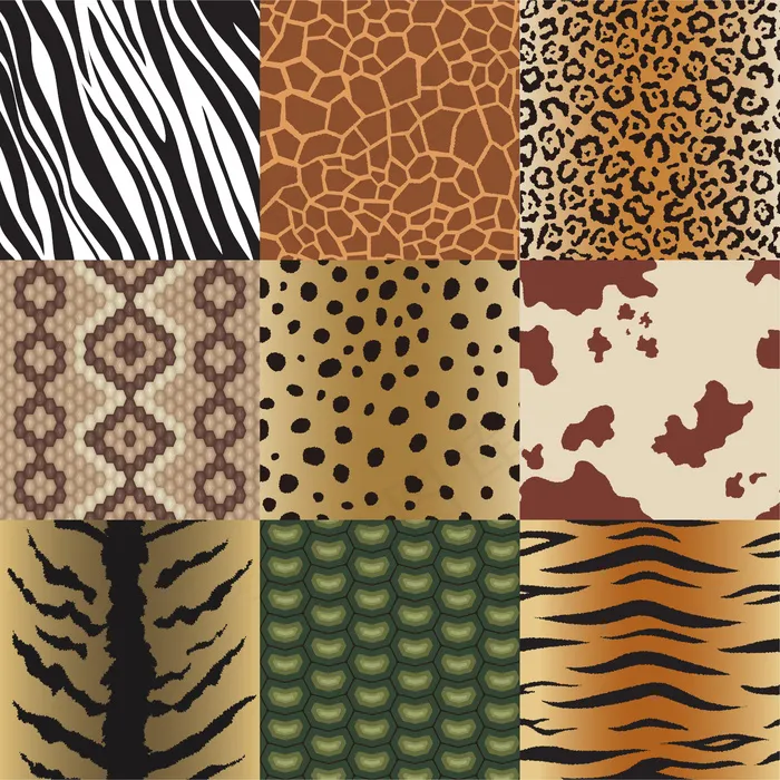 无缝动物皮肤模式集。长颈鹿、老虎、斑马、豹、爬行动物、牛、蛇和美洲虎的狩猎纺织品背景收集插图