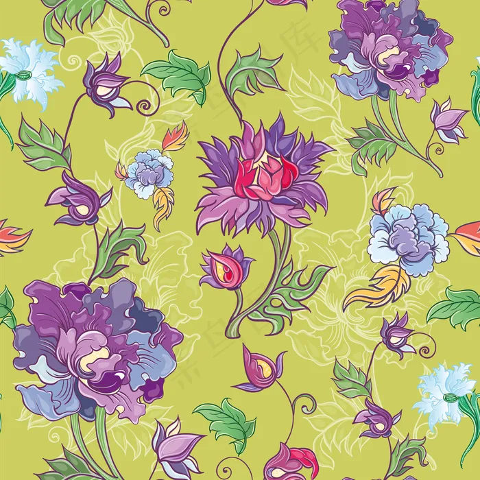 以菊花、牡丹、紫菀为载体的花卉图案。亚洲主题。有花的彩色图案。