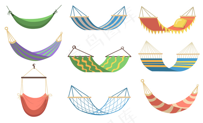 卡通吊床放松,摇摆,睡觉,在海滩上休息矢量插图收集.休闲度假理念ep