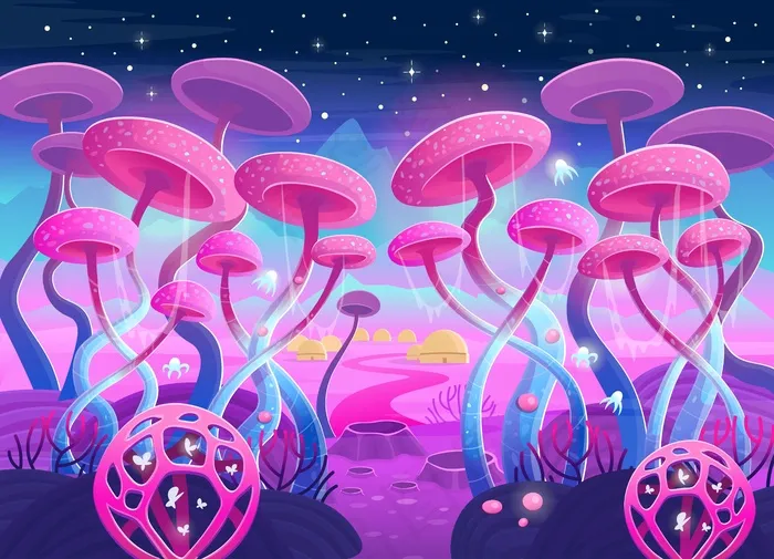 奇幻的风景，有神奇的植物和蘑菇。空间图解。游戏和手机app移动应用的背景。