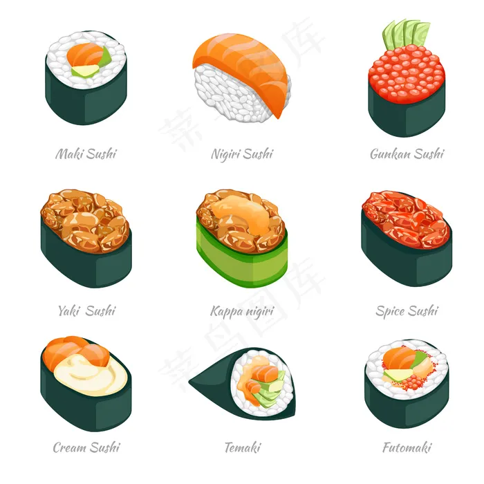 寿司卷。食物日本菜单，米饭和海鲜，temaki和futomaki