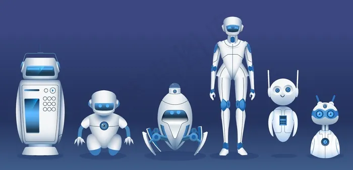 机器人角色。卡通未来派机器人、机器人和机器人。它未来的技术，有趣的 ai 助手矢量集。插图 android 未来机器、半机械人和机器人、未来派技术