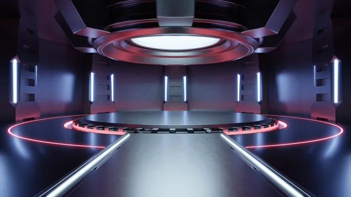 空荡荡的浅红色工作室未来派科幻大厅房间，灯光红色，未来背景设计，3D 渲染