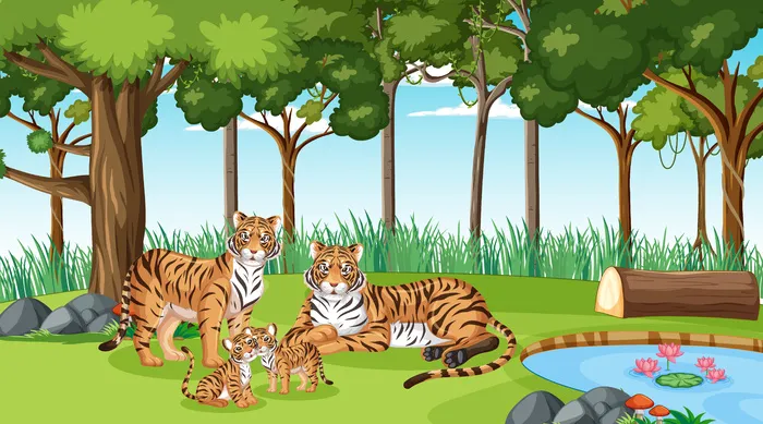 森林或雨林场景中的老虎家族，树木众多