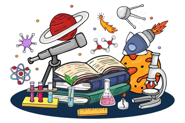 关于空间的科学书籍，矢量图。卡通教育理念与火箭、行星、恒星和手绘卫星。关于学校、化学和生物元素的创意设计。
