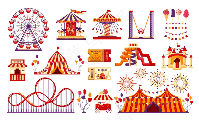 马戏团狂欢节元素设置在白色背景上。游乐场收藏有游乐场、旋转木马、摩天轮、帐篷、过山车、气球、门票。