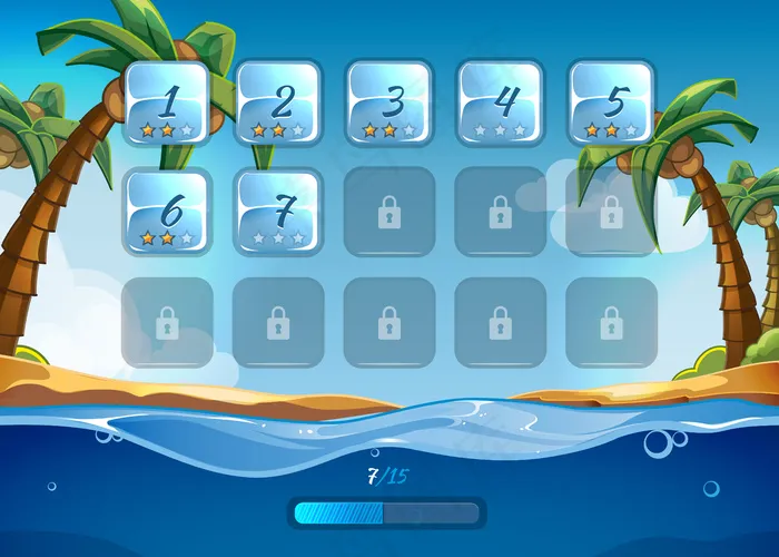 带有卡通风格用户界面界面的孤岛游戏。应用程序app游戏，海洋和冒险，水和波，玩和海滩