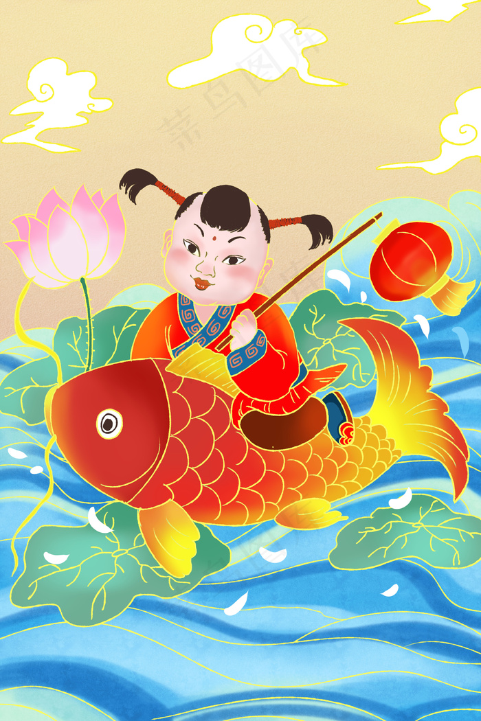 年画娃娃新年快乐插画(3545*5315px 300 dpi )psd模版下载