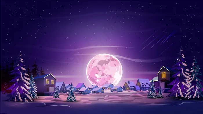 夜晚美丽的风景与冬天的城市，树木，山和月亮。紫色的月亮，雪和紫罗兰色的天空。为您的艺术景观背景
