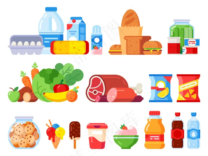 食品。包装食品，超市商品和罐头食品。饼干罐，鲜奶油和鸡蛋包装扁平图标
