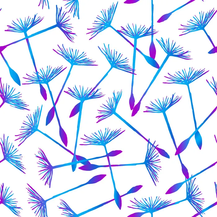 无缝模式与五颜六色的飞行蒲公英种子或瘦果在白色背景上绘制的 pappus。自然矢量图和霓虹色的花朵部分，用于背景、纺织品印花。