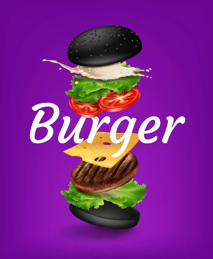 插图跳跃式汉堡广告，在紫色背景上有文字爆炸式汉堡，黑面包、蛋黄酱、生菜、西红柿、奶酪、肉饼