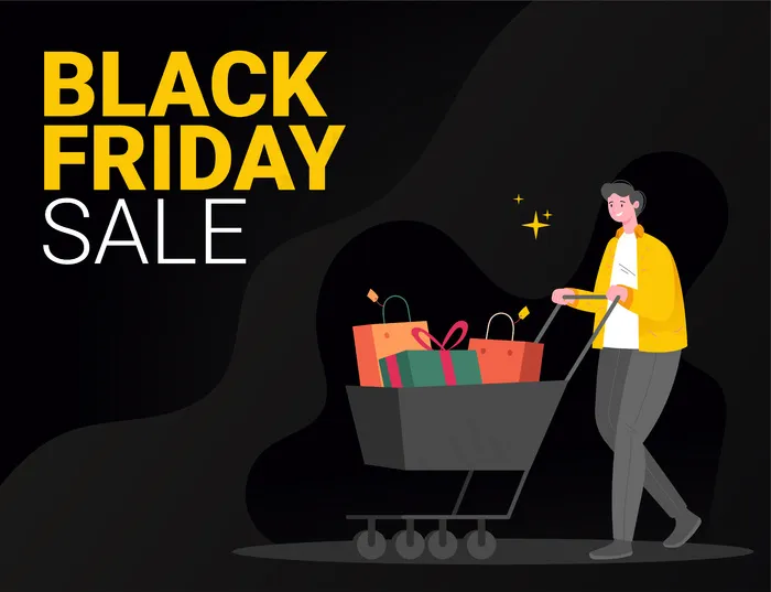 黑色星期五销售活动插图概念，一个推着购物车的男性角色