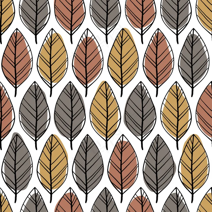 斯堪的纳维亚极简无缝模式与手绘树叶。抽象点和简单的涂鸦线在一个粉彩调色板。纺织品、织物、包装物的背景。