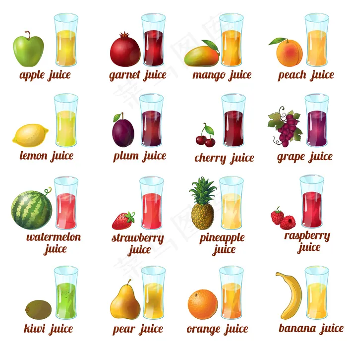 彩色和孤立的果汁图标设置与苹果芒果桃樱桃葡萄橙香蕉和不同的果汁