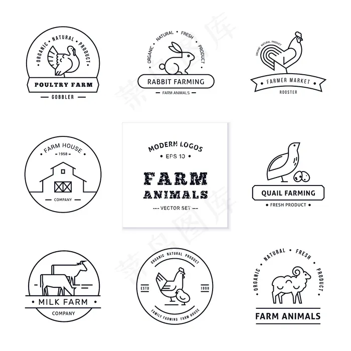 一套八个现代线性风格的标志与农场动物的文字或公司名称的空间。