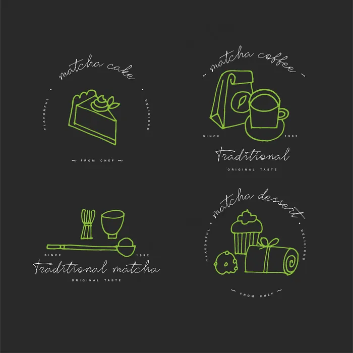抹茶的线性设计元素，抹茶产品的标志，符号，图标或茶，咖啡或甜点标签和徽章集。matcha标志模板或徽标