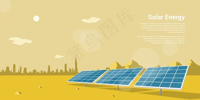 图片太阳能电池在沙漠与山脉和大城市的剪影为背景，可再生太阳能的概念风格