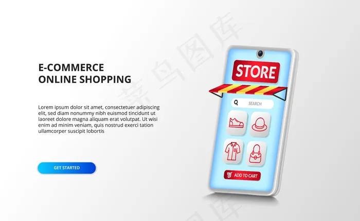 电子商务和在线购物应用程序在3d智能手机透视图上，带有红色轮廓时尚图标